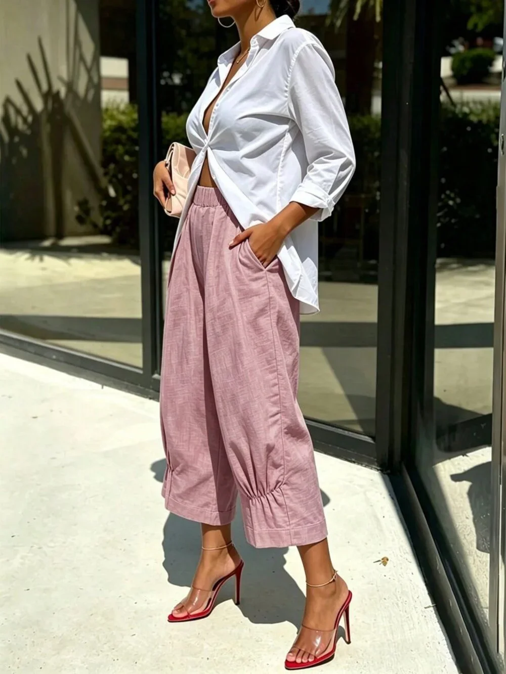 Pink Casual Women's Colorblock Ruched Pocket Elastic Waist Capri Bermuda Pants